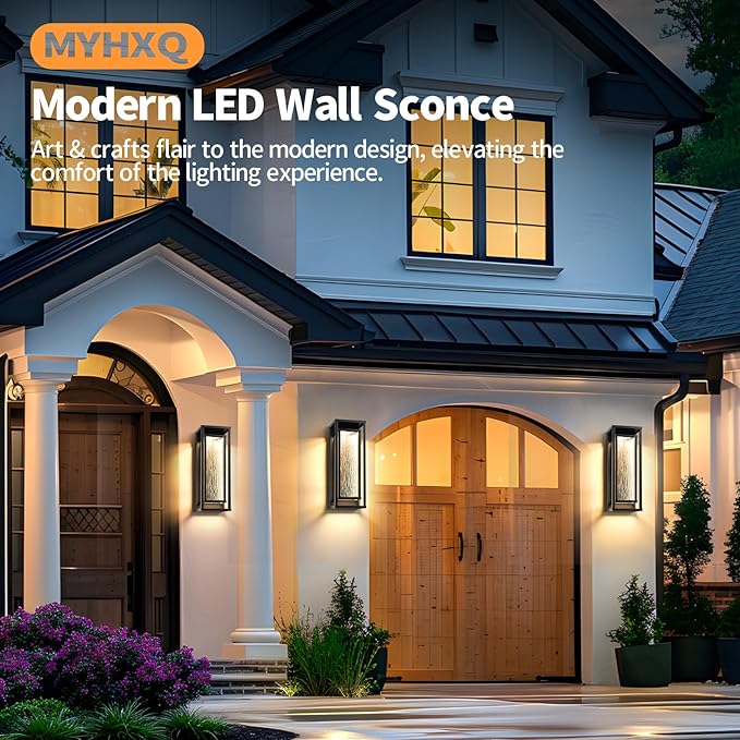 16'' LED Outdoor Wall Lights 2 Packs, 3000K Porch Lights Outdoor Sconce Lights with Water Ripple Glass, Modern Exterior Lighting Fixtures Outdoor Lantern, Outside Lights for House Garage Patio, Black