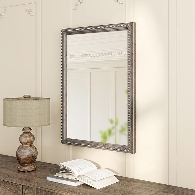 Axeman 22x30 Wood Wall Mirror, Rustic Bathroom Mirror, Vintage Wall Mounted Mirror Tempered Glass with Beaded Wooden Frame for Farmhouse Living Room Vanity Bedroom Entryway, Grey