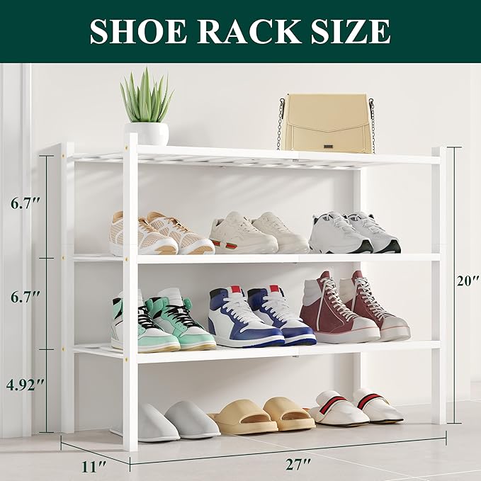 Smiry Shoe Rack, 3 Tier Small Bamboo Shoe Organizer, Stackable Free Standing Wooden Shoe Storage Shelf for Closet, Entryway, Front Door Entrance, White