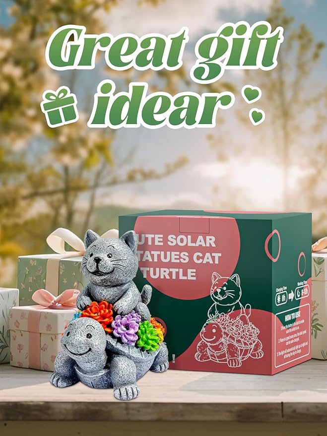 Solar Garden Outdoor Statues Decor, with Cat Turtle Succulent Garden Decor for Home House, Yard Art Lawn, Ornaments, Porch Patio, Balcony - Birthday Gifts for Grandma Mom Women