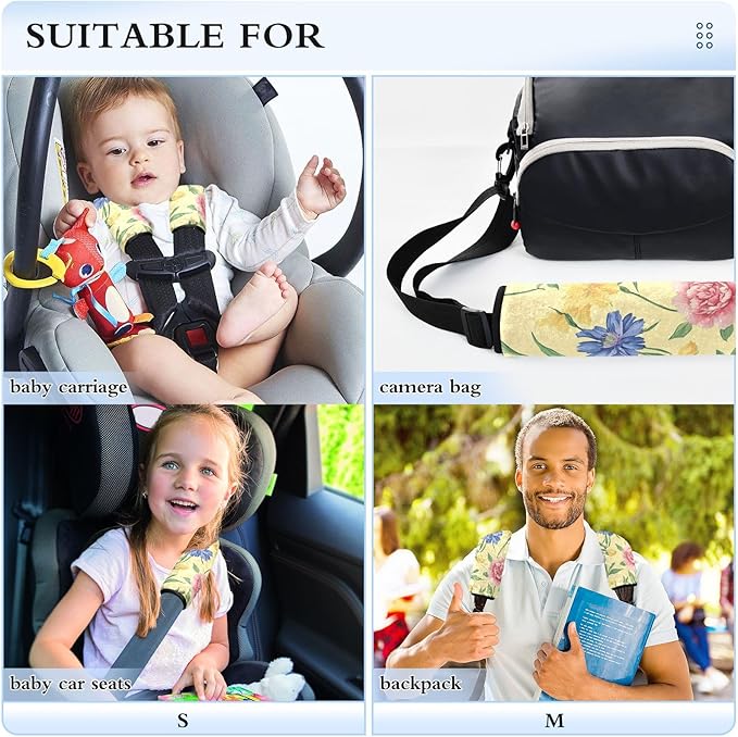 Car Seat Belt Pads Covers 2 Pcs Soft Seat Belt Shoulder Strap Covers Pad for Women Men Kids S Florals Carnation Delphinium Flower Yellow