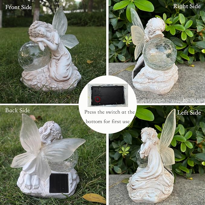 Solar Angel Garden Statue Outdoor Decor with Crackle Glass Globe Color Changing Light Angels Garden Figurines Garden Decor Lawn Ornaments for Patio Yard Lawn