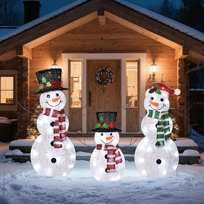 3-Piece 2D Light-Up Christmas Snowman Family Set - Large Outdoor Yard Decoration Holiday Decor with 80 LED Warm White Lights