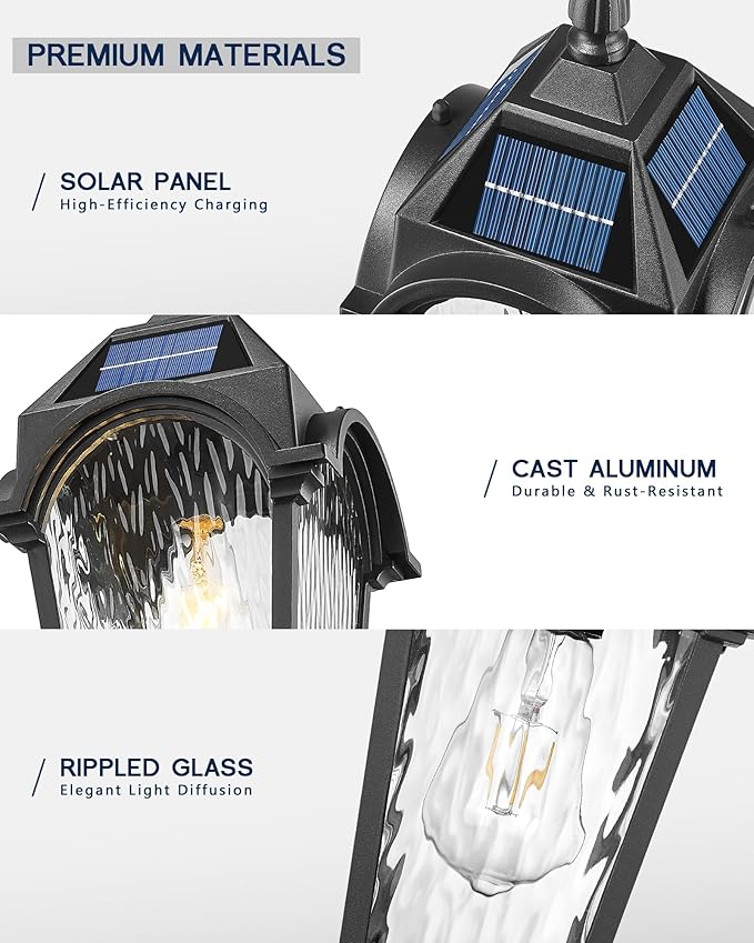 FEMILA Outdoor Post Lights Solar Powered, 22" Dusk to Dawn Aluminum Glass Solar Post Light Fixtures for Yard Pathway Entrance, 4FYX90PM-SL BK