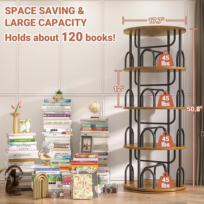 Aheaplus 4 Tier Rotating Bookshelf Tower, 360 Display Spinning Bookcase, Revolving Round Book Shelf Narrow Swivel Bookshelf, Vertical Turning Corner Book Organizer for Small Space, Rustic Brown