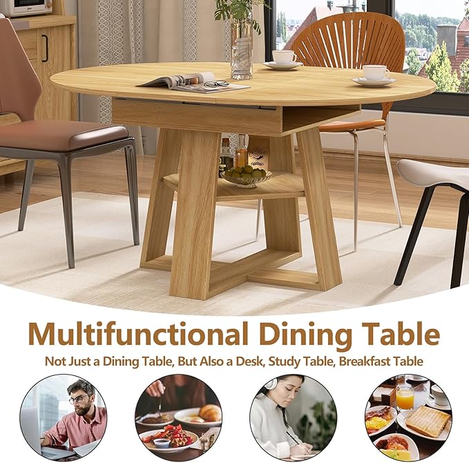 Round Dining Table for 4-8 People, 43.3"-59" Oval Dining Table Space Saving, Expandable Kitchen Table with Smooth Glide Mechanism Modern Design & Wood Base for Small Space (Natural)