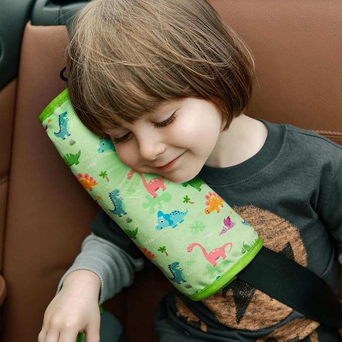 COOLBEBE Seat Belt Pillow for Kids, Extra Soft Toddler Travel Pillow for Car Seat, Universal Carseat Strap Cushion Pads for Childs Baby People Adults, Green Dinosaurs