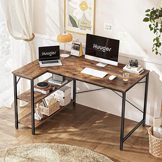 Huuger 47 Inches L Shaped Desk, Computer Desk with Reversible Storage Shelves, for Gaming Corner Home Office Writing Study, Metal Frame, Rustic Brown