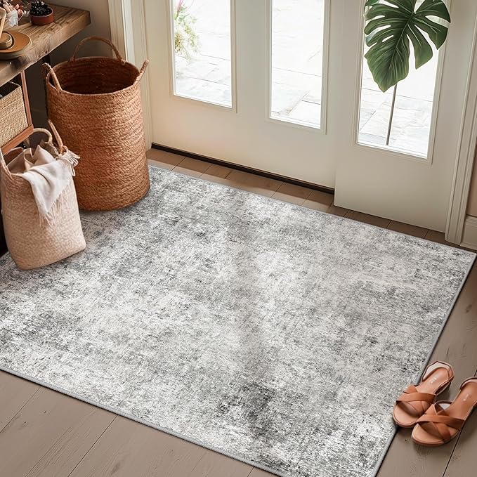 Washable Area Rugs 2'x3' Non-Slip Modern Abstract Soft for Living Room Entryway Bedroom Nursery, Print Pattern, Gray White Grey