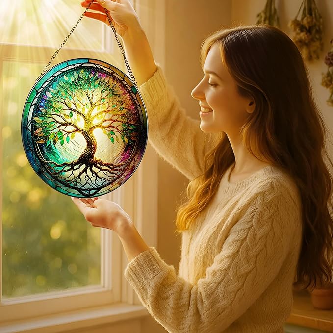 Stained Glass Window Hanging, LAOWEIKI 8'' Tree of Life Suncatcher, Stained Glass Ornament, Suncatchers for Windows Hanging, Window Decor, Outdoor or Indoor, Gifts for Mom, Grandma, Wife, Family