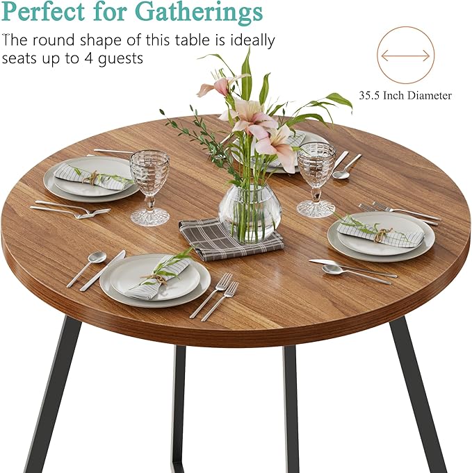 VECELO 35" Round Dining Table for 4, Wood-Grain Tabletop & Heavy-Duty Steel Frame, for Kitchen, Living Room, Easy Assembly, Walnut