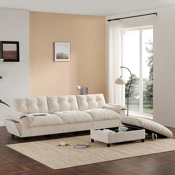 Mreax L-Shape Sectional Sofa with Movable Storage Ottoman and Multifunctional Armrest, 4 Seater Oversized Chenille Upholstered Cloud Couch for Living Room, Apartment, Unique Tufted Design, Beige