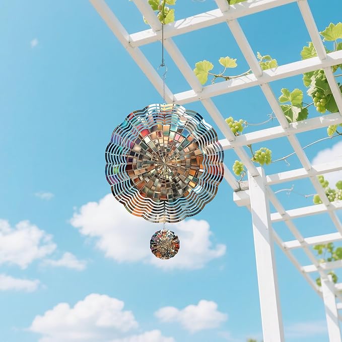 Wind Spinners Outdoor, Silver Mosaic Modern 3D Stainless Steel Wind Sculpture Spinner for Garden Outside Hanging Decor Mother's Day Christmas Birthday Gifts for Women Men Mom Nana 9.8 in