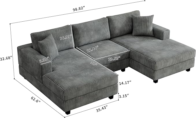 99" Symmetrical U Shaped Reversible Modular Sectional Sofa, Convertible Sofa Lounger Couch with Double Chaise Lounge and Thickness Cushions, Extra Wide Seat Couch w/Headrest