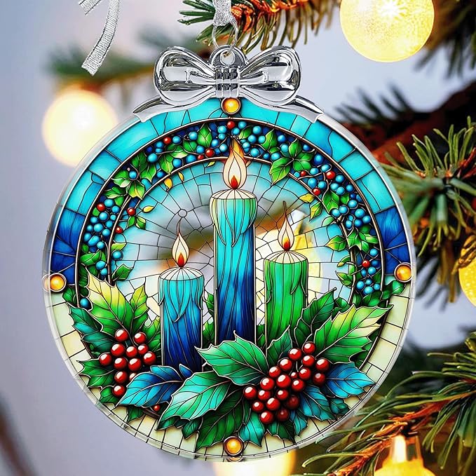 Christmas Candle Stained Glass Ornament - Hanging Ornaments for Christmas Tree, Christmas Ornaments Xmas Decorations, Holiday Keepsake Present Exchange Ideas