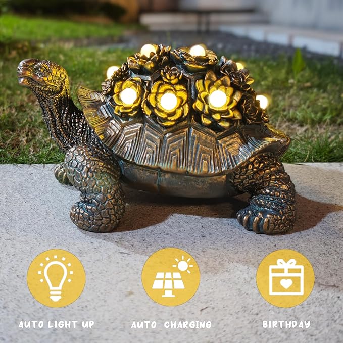 Outdoor Solar Turtle Decor - Resin Succulent Planter with Waterproof LED Shell, Unique Garden Gift for Plant Lovers for Patio, Balcony, Yard Ornament