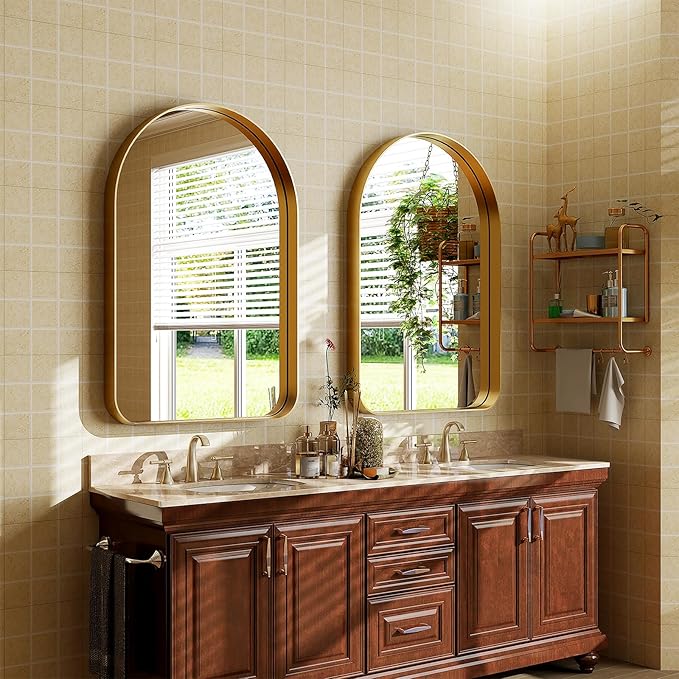 Arched Bathroom Mirror - 30x20 Inch Gold Bathroom Mirror for Wall - Aluminum Alloy Framed Mirror - Arched Top Bathroom Vanity Mirror for Living Room, Bedroom, Mantel, Entryway, and Hallways