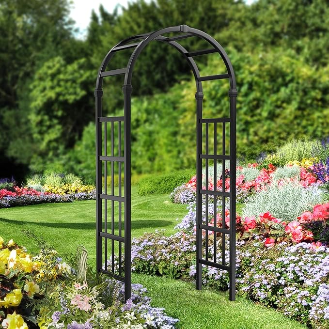 VINGLI Vinyl Garden Arbor, PVC Wedding Arch for Ceremony Party, Garden Trellis for Climbing Plants Outdoor, Arch Backdrop Stand for Garden, Backyard, Lawn (Black)