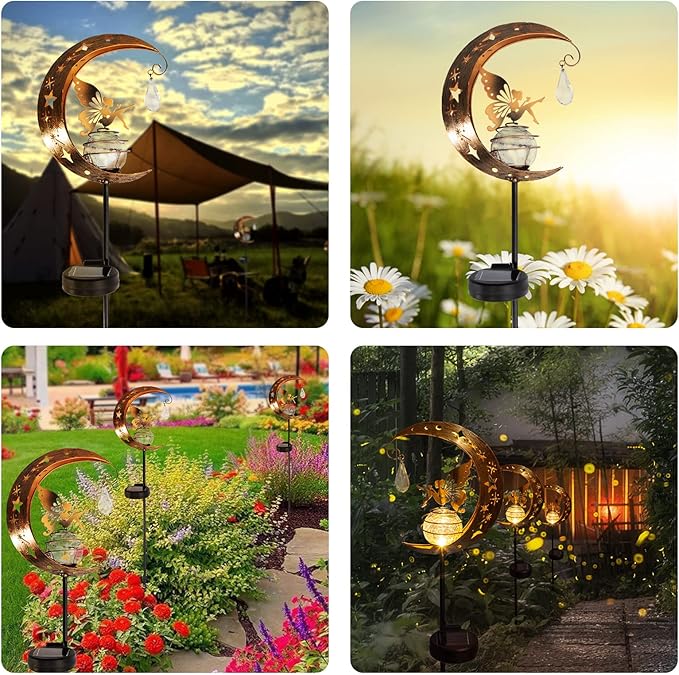 LICKLIP Moon & Fairy Garden Solar Stake Light Outdoor, Crackle Glass Globe With Metal Angle Stake, Waterproof Warm White LED, Decoration for Pathway Lawn Patio Courtyard Backyard (1 Pack)