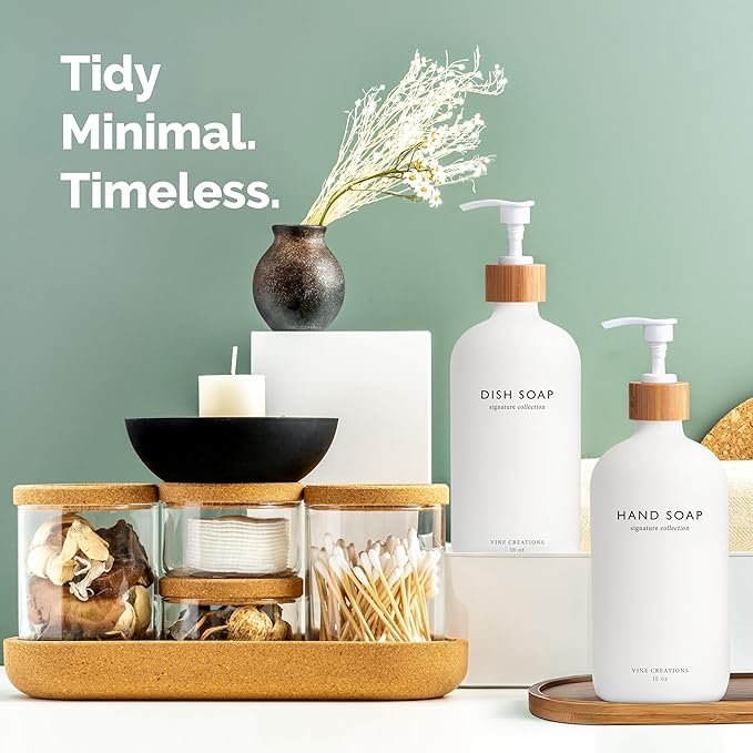 Vine Creations White Glass Soap Dispenser Set, Hand Soap and Dish Soap Dispenser Set with Bamboo Tray, 16 oz Glass Dispensers Bottle for Kitchen and Bathroom Decor Modern Boho with Bamboo Pump (White)