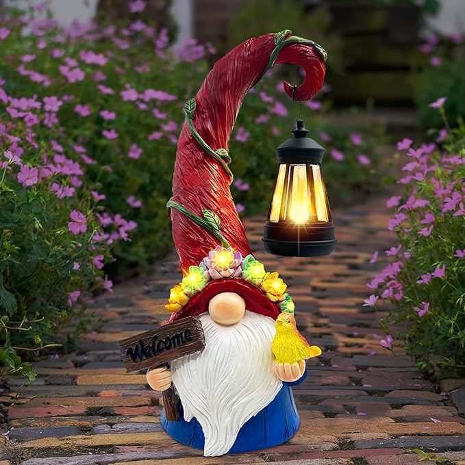 Gnome Garden Decor Statue Solar Lights Outdoor Decor with Succulent and 6 LED Lights,for Balcony,Garden,Patio,Yard,Lawn,Housewarming Birthday Gifts for Women/Mom/Grandma