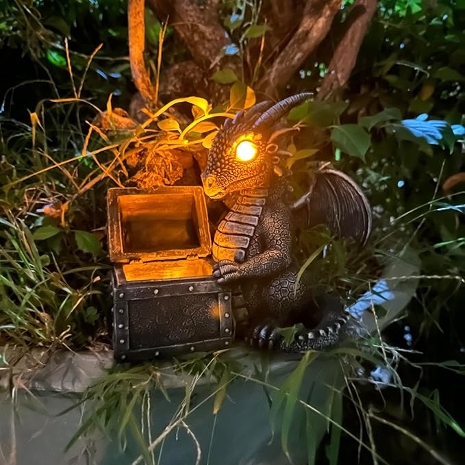 Garden Dragon Statue Solar Powered Outdoor Figurine Light Decor Cute and Hold Glowing Treasure Chest Resin Sculpture Home Decoration for Porch Patio Lawn Farm Yard Housewarming Ornament Gift