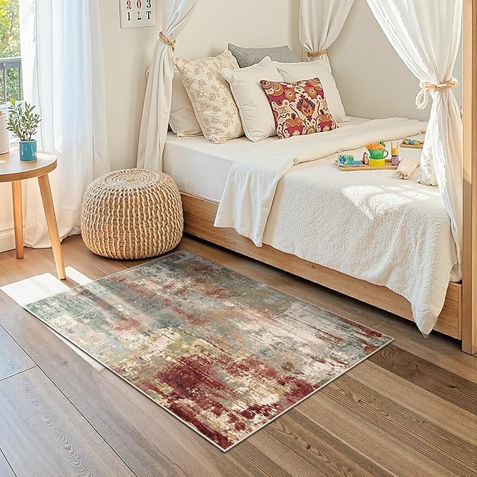 Washable Area Rugs 2'x3' Non-Slip Modern Abstract Soft for Living Room Entryway Bedroom Nursery, Print Pattern, Brown Rust Red Multi
