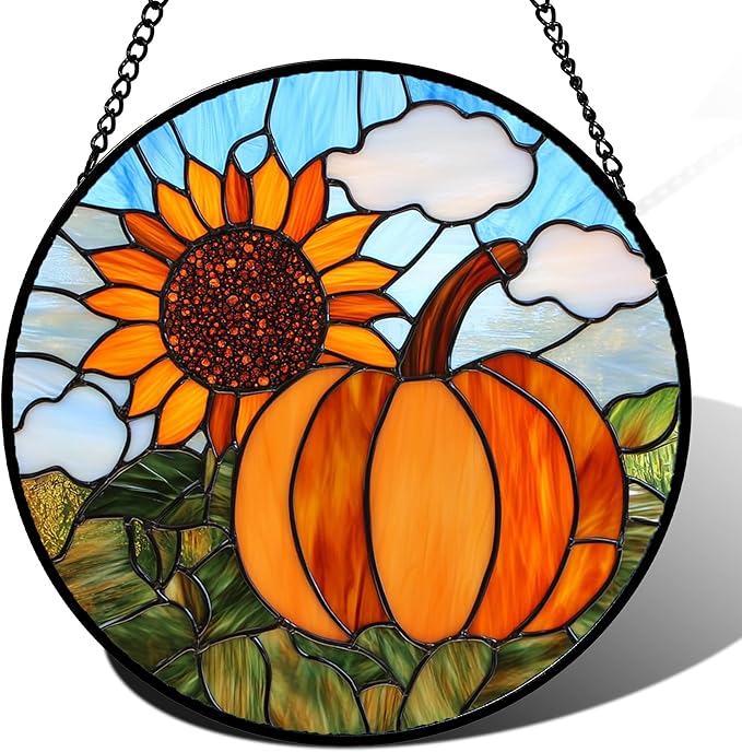 Stained Glass Window Hanging Fall Farm Scenery Sunflower Pumpkin 6.3" - Suncatcher Door Garden Kitchen Sunroom Sun Catcher Home Decor Birthday for Mom Grandma Men Woman