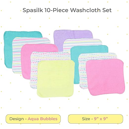 Spasilk Washcloth Wipes Set for Newborn Boys and Girls, Soft Terry Washcloth Set, Pack of 10, Aqua Bubbles, (010-1201)