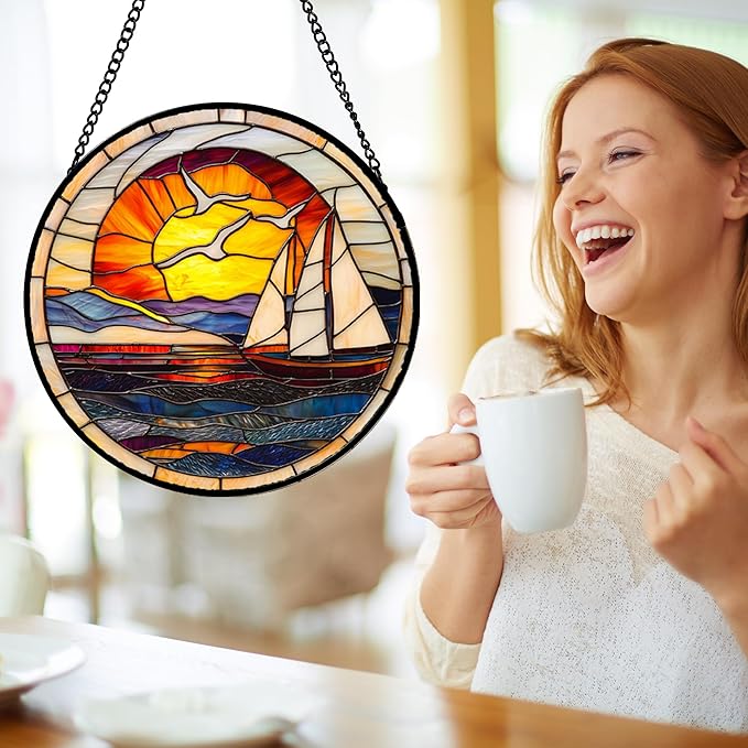 Stained Glass Window Hanging, Sun Ocean Sailboat Seagull Abstract Suncatcher Diamond Glass Panel Sun Catchers Decor for Birthday for Women, Men, Wife, Aunt, and Mom 14.9x14.9 in