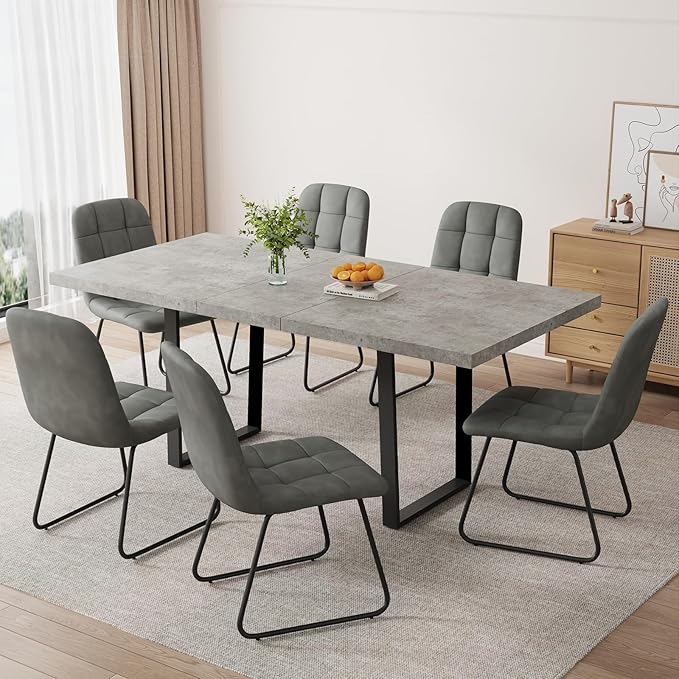 ZckyCine 51"-67" Expandable Grey Dining Table, Modern Farmhouse Kitchen Table with Wood Surface & Metal Frame, Rustic Extendable Table for Dining Room, Sturdy & Easy Assembly