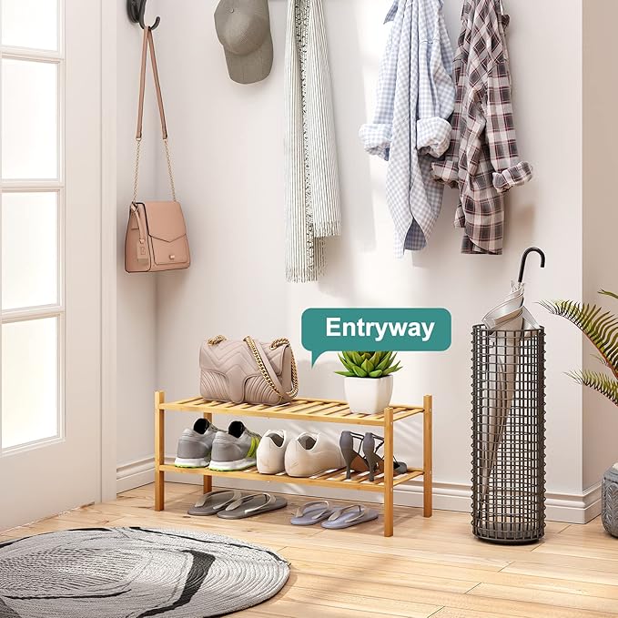 2-Tier Bamboo Shoe Rack for Entryway, Bamboo Wood Shoe Organizer for Hallway Closet, Free Standing Shoe Racks for Indoor Outdoor
