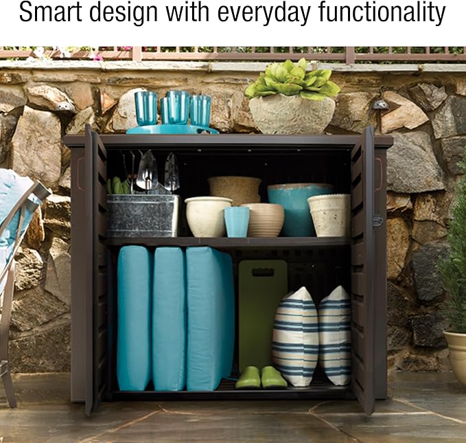 Rubbermaid Decorative Outdoor Storage Cabinet (123 Gal), Weather Resistant, Brown, Organization for Home/Backyard/Pool Chemicals/Toys/Garden Tools/Porch/Patio Cushions