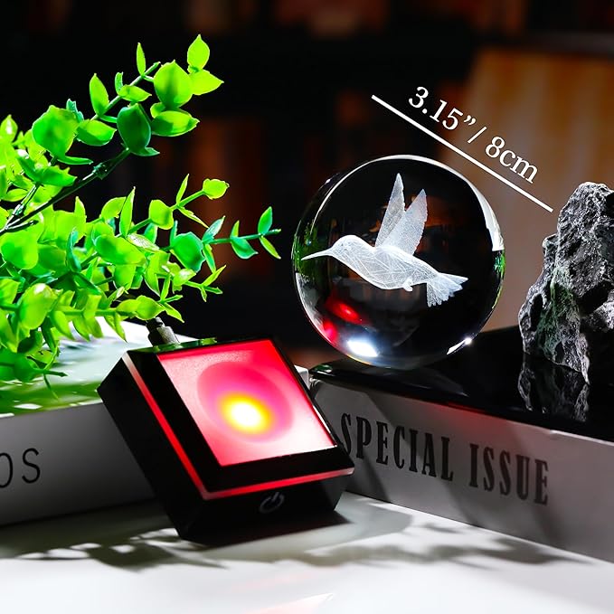 Qianwei 3D Crystal Ball Hummingbird Gift - 3.14'' 80mm Laser Decor Glass Animal Figurine Statue for Room Decorations With Night Light