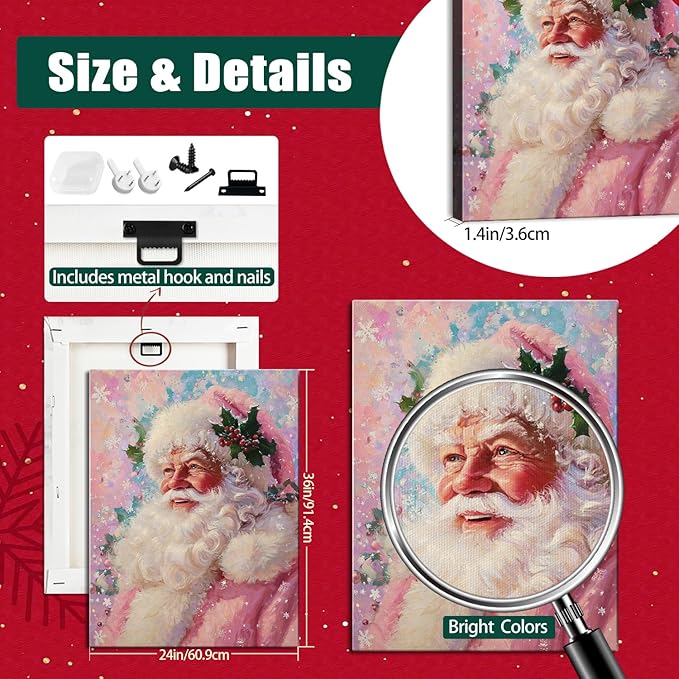 Vintage Pink Santa Claus Girl Christmas Canvas Wall Art - Whimsical Framed Print for Bedroom & Living Room, Unique Christmas Gifts, Playful Christmas Decorations & Pink Winter Decor