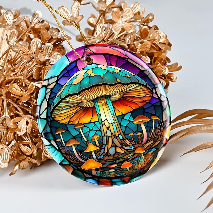 Colorful Ceramic Mushroom Christmas Ornament, Mushroom Lovers Gift, Christmas Decor - Pattern B