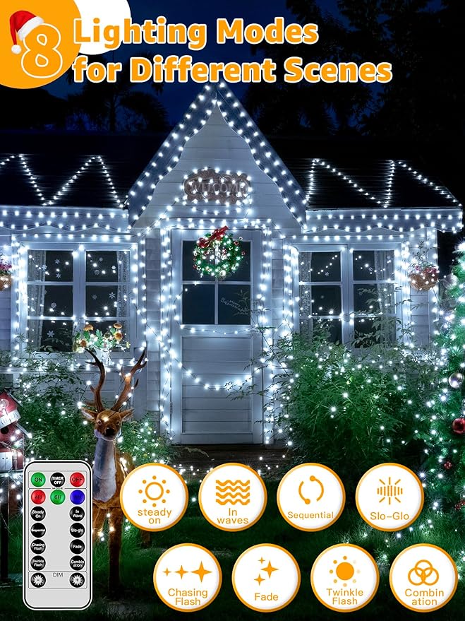 BrightChristmas Christmas Lights 1200 LED 394 FT, Waterproof Outdoor String Lights with Remote and Timer, Christmas Tree Lights with 8 Modes Dimmable, Fairy Lights for Holiday Decor (Cool White)