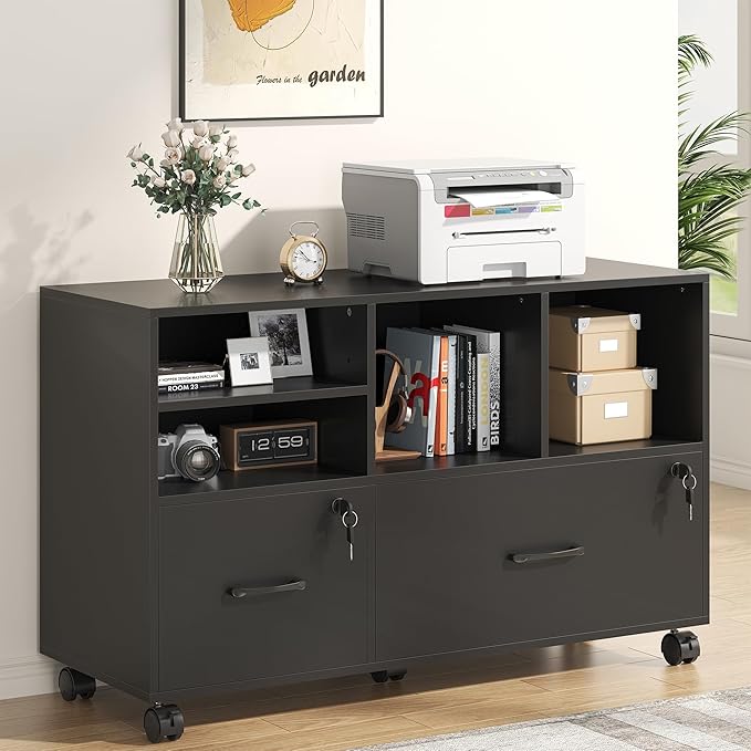 2 Drawer Wood Mobile Large Lateral File Cabinet with Lock, Lockable Rolling Filing Cabinet with Storage Shelves, Printer Stand Office Storage for Home Office Fits Files Legal/A4,Black