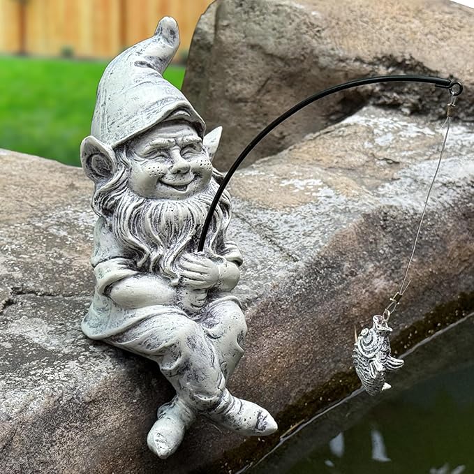 GARDEN WHISPER Gnome Statue Outdoor Garden Pond Koi Decoration, Fishing Gnome Sculpture Garden Koi Pond or Waterfall Decor, 9.7" Dwarf Fishing Poolside Statue, Great Gifts for Mom (Cartoon Style)