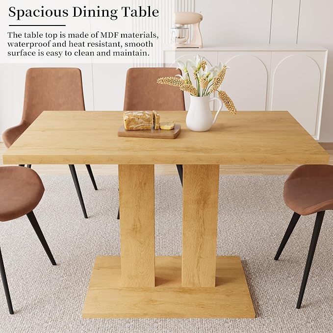 Dining Table Set for 4-6 People, 46 Inch Modern MDF Oak Kitchen Table with 4 Faux Leather Chairs, Rectangular Dining Room Table Set for Home, Small Spaces, Breakfast Nook (Oak Table + 4 Brown Chairs)