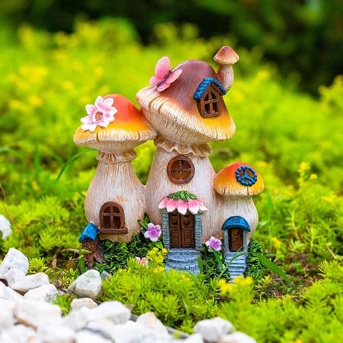 Solar Garden Statue Lights Mushroom Fairy House Figurine, Outdoor Memorial Garden Ornaments Waterproof Decoration for Outside Patio Yard Lawn Decor