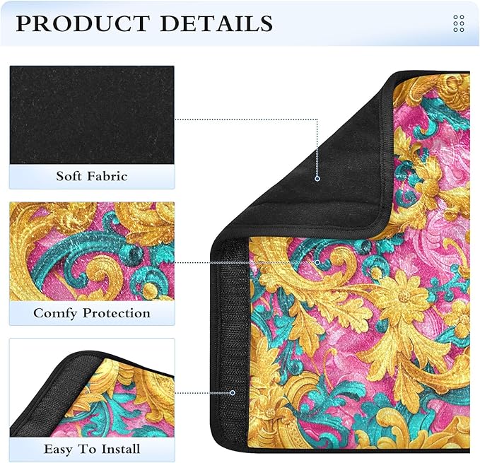 2 Pack Gold Turquoise Pink Flowers Car Seat Belt Covers Universal Seatbelt Covers Shoulder Pads Cushion for Adults Kids Women Men