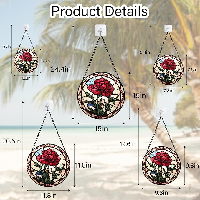 Stained Glass Window Hanging - Red Carnation Birth Flower Sun Catcher for Door Garden Home Decor Suncatcher Christmas Mother's Day Birthday Gifts for Women Men Mom Nana Friend Wife 6.3 in