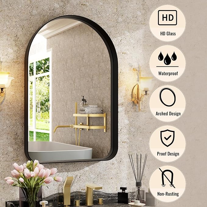 30"x20" Arched Bathroom Mirror - Modern Black Mirror for Wall with Rounded Corners, Bathroom Mirror for Vanity, Aluminum Alloy Framed Mirror - for Living Room, Bedroom, Cloakroom