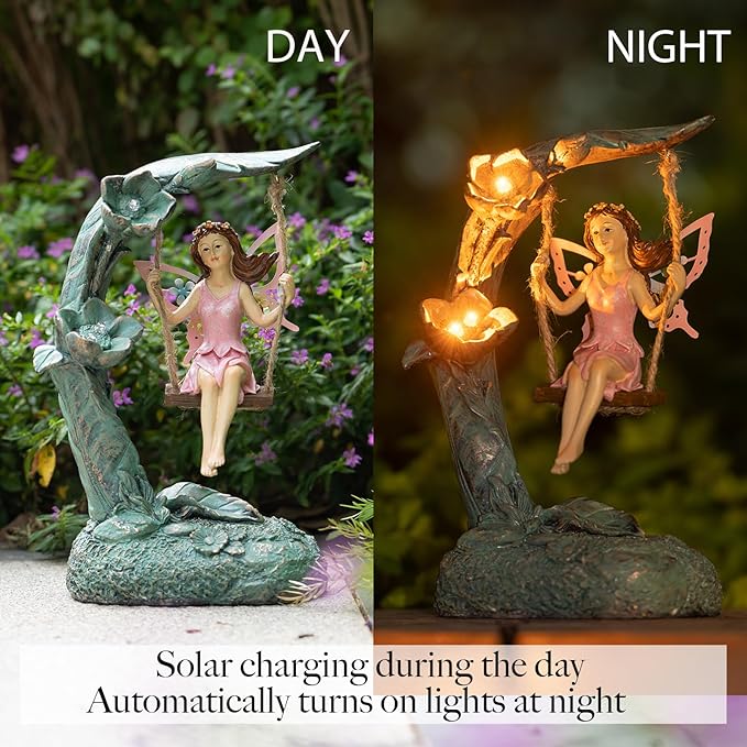 Garden Flower Fairy Outdoor Statue Decor Funny Swing Fairy Ornaments Figurines for Patio Lawn Yard Porch Outside Garden Gifts,9.05 Inches Tall ﻿ ﻿ ﻿