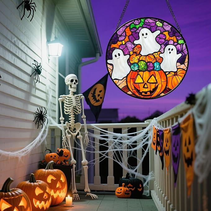 Stained Glass Window Hanging Halloween Horror Pumpkin White Ghost 15" - Suncatcher Door Garden Sunroom Gothic Style Sun Catcher Birthday for Friend Mom Men Woman Nana