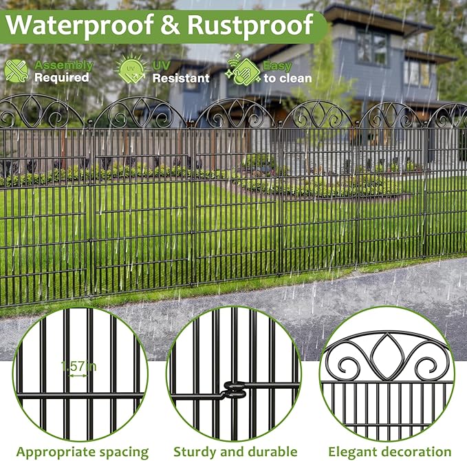 10 Panels No Dig Tall Garden Fence with Gate – 44" H X 23.6' L Rustproof Metal Dog Fence Outdoor for Yard, Decorative Animal Barrier Fence for Pet, Garden Border, Patio, Flower | Temporary Fencing