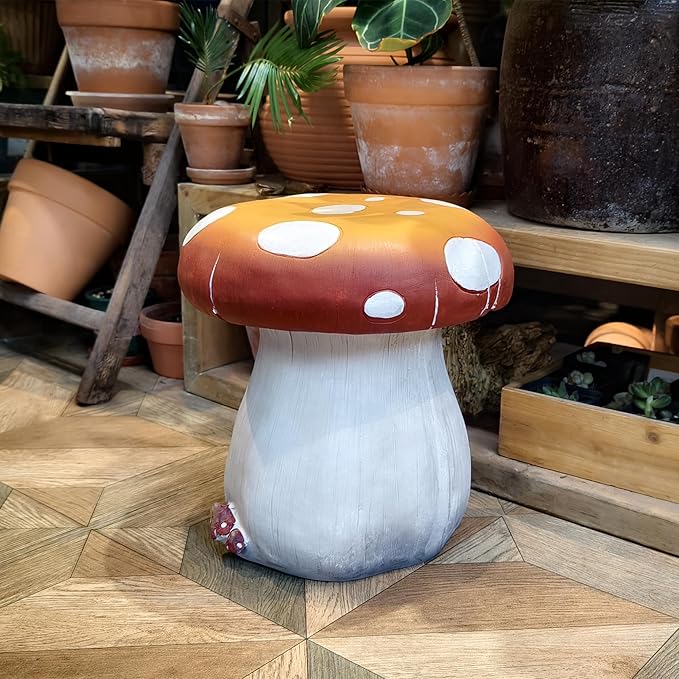 Mushroom Resin Statue Stool Over Sized Sculpture Courtyard Lawn Pond Ornament Garden Outdoor Patio Stool Decoration Red 13.3'' High