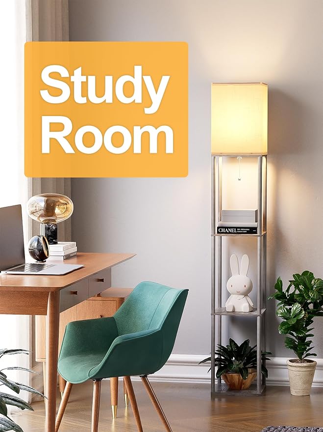 Floor Lamp with Shelves for Living Room Oak Gray, Shelf Floor Lamp with 3 CCT LED Bulb, Corner Display Standing Column Lamp Etagere Organizer Tower Nightstand with White Linen Shade for Bedroom Office