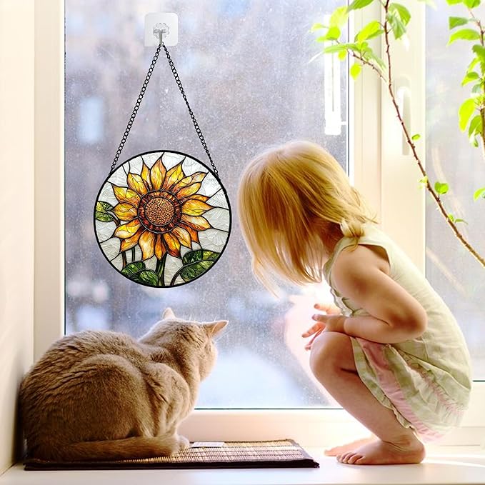 Stained Glass Window Hanging - Sunflower Flower Suncatcher Ready to Hang Window Doors Home Decoration and Christmas, Mother's Day Birthday Gifts for Women, Men, and Mom 11.8x11.8 in